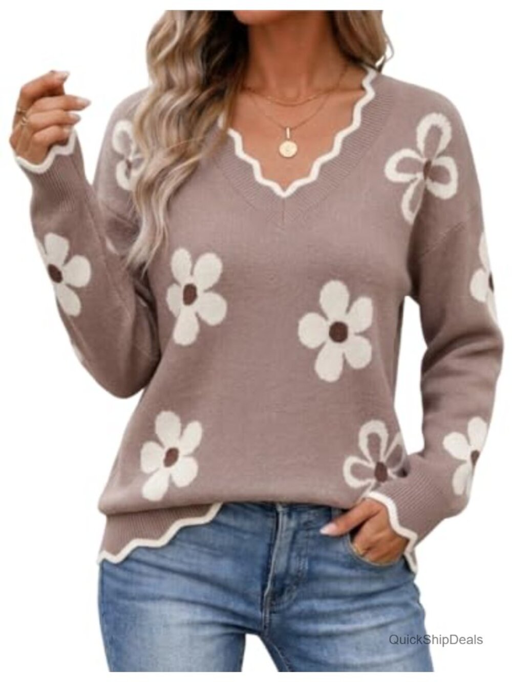 Womens V Neck Sweater Long Sleeve Pullover Casual Knit Top